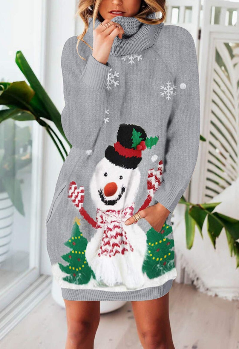 Pink Queen Women Ugly Christmas Sweater Dress Turtleneck Knitted Long Sleeve Keen Length Sweater Dress with Pockets Light Gray S - Image 4